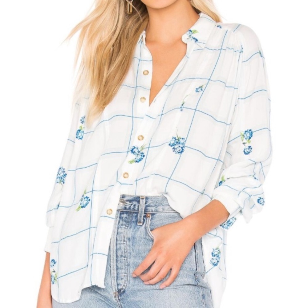Free People White Button-Down Blouse with Blue Floral Grid